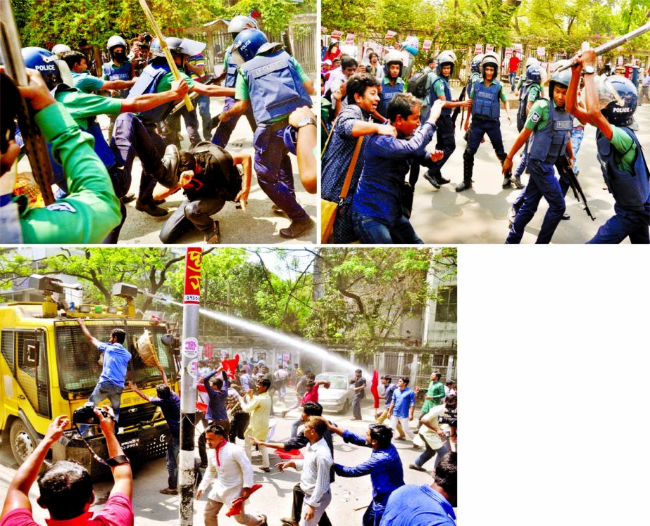 Police swooped on three left- leaning parties in front of the Jatiya Press Club and lobbed tear gas shells, fired bullets and charged batons to disperse the protesters while they were proceeding towards the Secretariat demanding reduction of gas price (to
