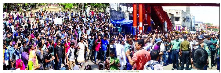 Dhaka University students (left), hawkers and businessmen (right) took to the streets protesting against the demand of Home Economics students, agitating in city's Nilkhet area blocking the roads for hours causing sufferings to commuters and halted busin