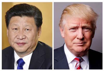 A combination of file photos showing Chinese President Xi Jinping (L) at London's Heathrow Airport and U.S. President Donald Trump posing for a photo in New York City