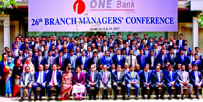 Sayeed H Chowdhury, Chairman of the Board of Directors, ONE Bank Limited poses with the participants of its 26th Branch Managers' Conference at a city hotel recently. Ashok Das Gupta, Vice Chairman and Zahur Ullah, Managing Director of the bank attended