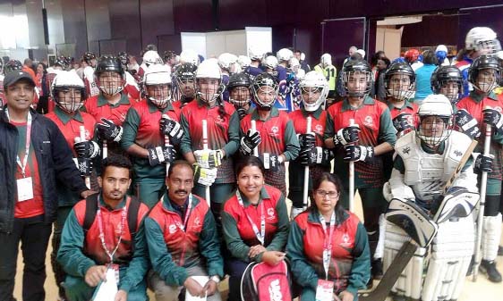 Bangladesh Unified Floor Hockey (Men's & Women's) teams pose for photograph after beating their respective opponents in the Special Olympics World Winter Games in Austria recently.