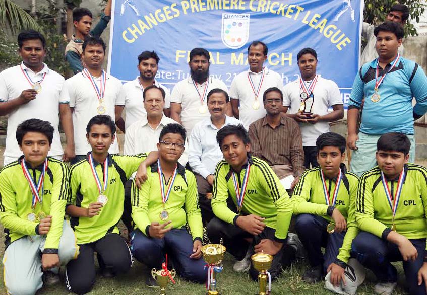 Champions Teachers team (top) and runners-up Class-XI (bottom) of the Changes Premier Cricket League with the Principal, teachers and the members of the governing body of Changes English Medium School pose for a photo session at Narayanganj's campus on T