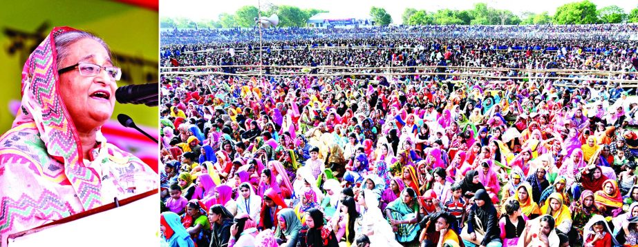 Prime Minister Sheikh Hasina addressing a huge public meeting organised by Magura Zila Awami League at the Magura Bir Muktijoddha Asaduzzaman Stadium on Tuesday.