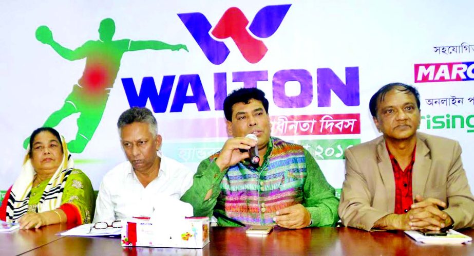 Head of Sports and Welfare Department of Walton Group FM Iqbal Bin Anwar Dawn addressing a press conference at the office room of Bangladesh Handball Federation on Wednesday.