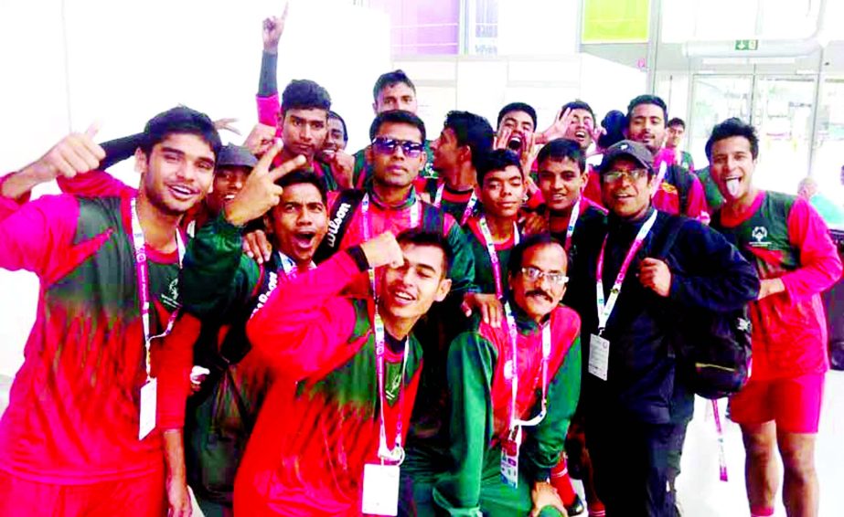 Members of Bangladesh Unified Men's Floor Hockey team pose for photo after reached the final of the Special Olympics World Winter Games being held in Austria.