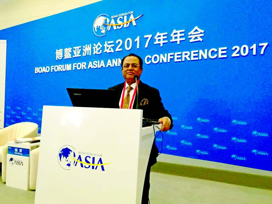 Boao Forum for Asia (B F A) Permanent representative to Bangladesh and former Communication Minister Syed Abul Hossain speaking at a session of Annual Conference 2017 of B F A representing Bangladesh at Boao City in Hainan, China on Thursday.