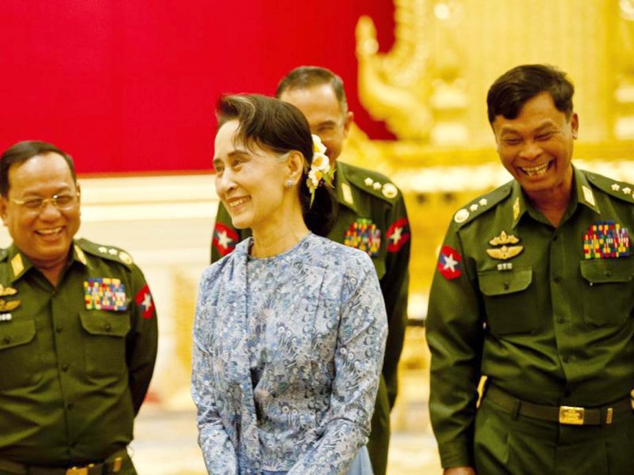 De facto leader Aung San Suu Kyi Â© faces dissent over the role of Myanmar's still powerful military, especially a bloody crackdown on Rohingya Muslims.