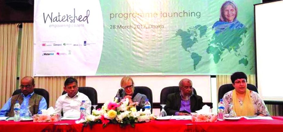 Ambassador of The Netherlands to Bangladesh Leoni Margaretha Cuelenaere speaking at the launching programme titled 'Watershed-Empowering Citizen' in the city on Wednesday. Additional Director General of Water Development Board Md Mahfuzur Rahman and Wat