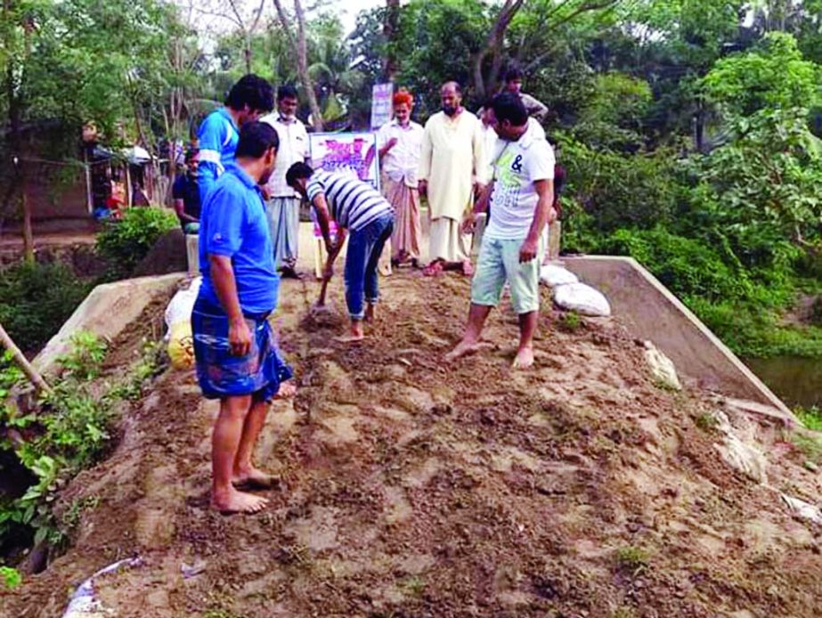 MURADNAGAR (Comilla): Members of Akota Sangho in Alirchar Village are working voluntary for repairing of Bakrabad- Titas Road on Tuesday.