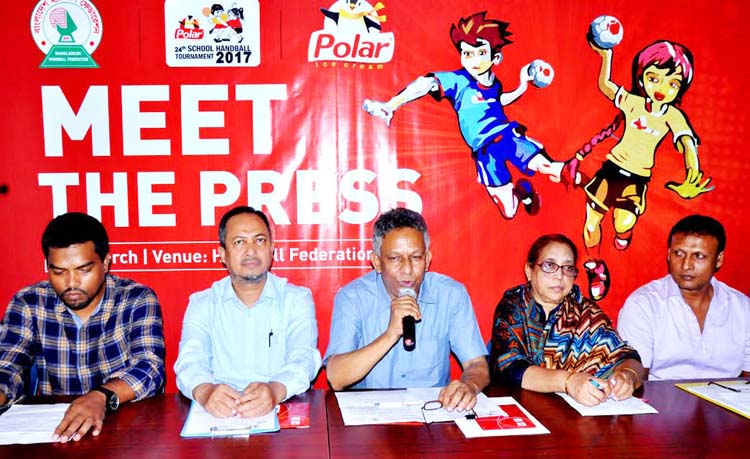 General Secretary of Bangladesh Handball Federation Asaduzzaman Kohinoor speaking at a press conference at the office room of Bangladesh Handball Federation on Wednesday.