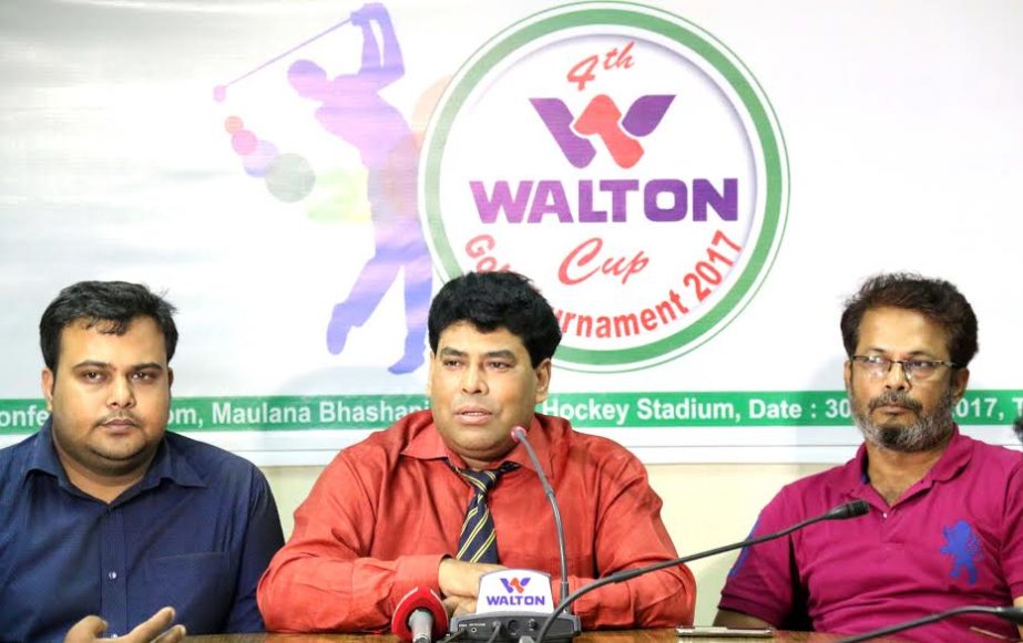 Head of Sports and Welfare Department of Walton Group FM Iqbal Bin Anwar Dawn speaking at a press conference at the conference room of Moulana Bhashani National Hockey Stadium on Thursday.