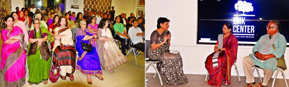 Couple artistes Nasim Ahmed and Naima Haque taking part in the discussion and Dr Prof Mehtab Khanom, moderated the programme (top) at the closing ceremony of a painting exhibition held at Midas Centre in the city's Dhanmondi area on Thursday under the ba