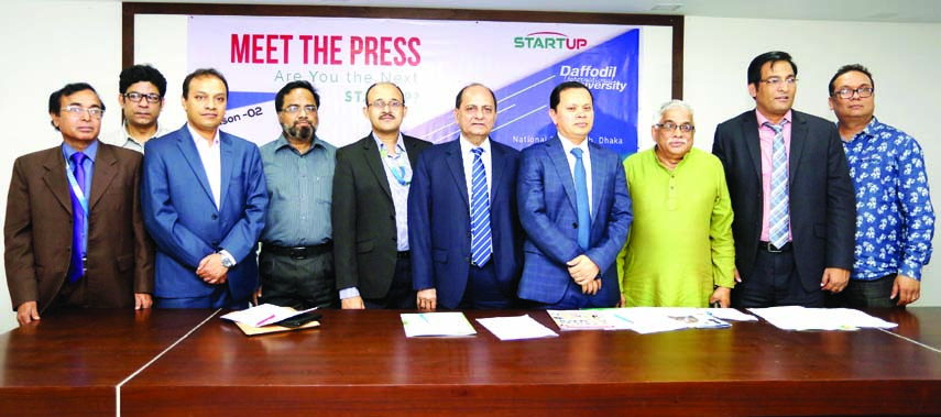 Chairman of the Board of Trustees, Daffodil International University, Sabur Khan along with other distinguished guests at 'Meet The Press' organized by Entrepreneurship Department of the university at the Jatiya Press Club on Saturday. n NN photo