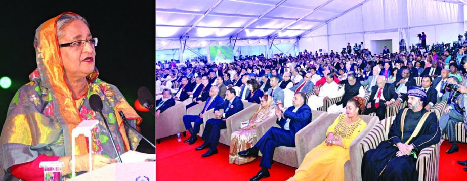 Prime Minister Sheikh Hasina delivering her inaugural speech on the five-day 136th Assembly of the Inter-Parliamentary Union (IPU) at the South Plaza of the Jatiya Sangsad on Saturday evening. PMO photo