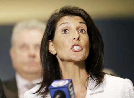 United States Ambassador to the United Nations Nikki Haley speaks to reporters outside the General Assembly at U.N. headquarters. Haley said on Sunday.