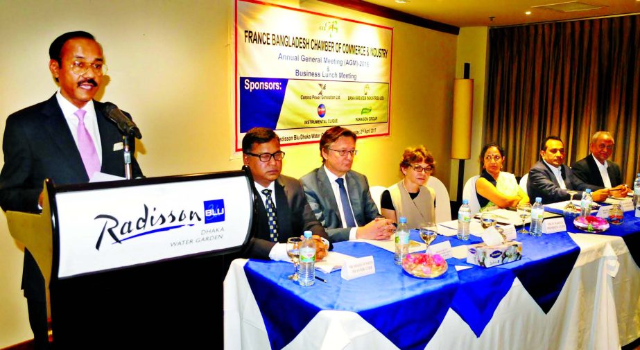 M Maksud, President, France-Bangladesh Chamber of Commerce and Industry, addressing at Annual General Meeting at a city hotel on Monday. Sophie Aubert, Ambassador of France in Bangladesh, Francois Petit, Head of Economic Service, Embassy of France and Dr