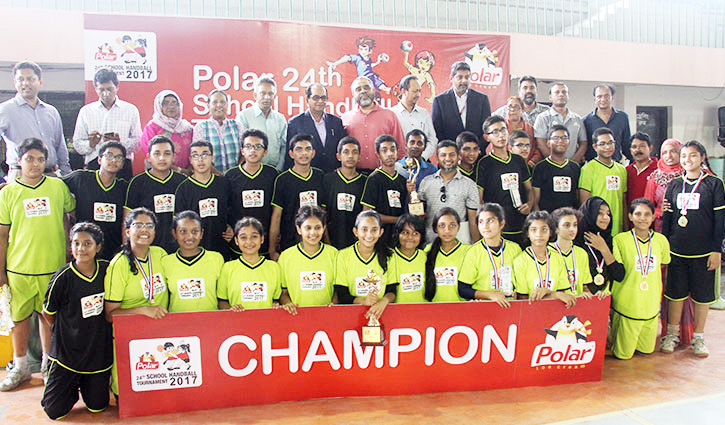 Players of Sunnydale and Viqarunnisa Noon School and College , who became champions of the Polar Ice Cream 24th School Handball tournament in boys and girls group respectively pose for photo with the guests and officials at Shaheed Captain M Mansur Ali Ha