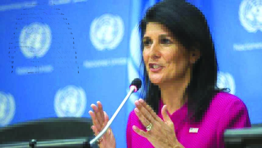 US Ambassador to the UN Nikki Haley answers questions during a press briefing at the United Nations headquarters on Monday.