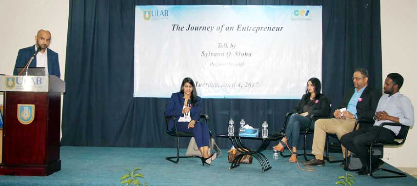 Sylvana Quader Sinha, Founder and MD of Pravaa Health speaks at a discussion on 'The Journey of an Entrepreneur' held at the University of Liberal Arts Bangladesh in the city on Tuesday.