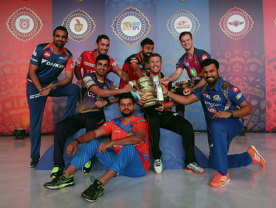 The IPL captains - Zaheer Khan, Suresh Raina, Glenn Maxwell, Gautam Gambhir, Rohit Sharma, Steven Smith, Virat Kohli and David Warner pose with the trophy on Tuesday.