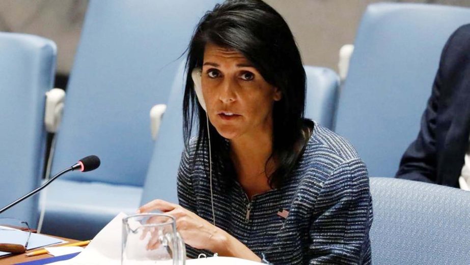 US ambassador to the United Nations, NIkki Haley, addresses the United Nations Security Council at the United Nations Headquarters in New York City.