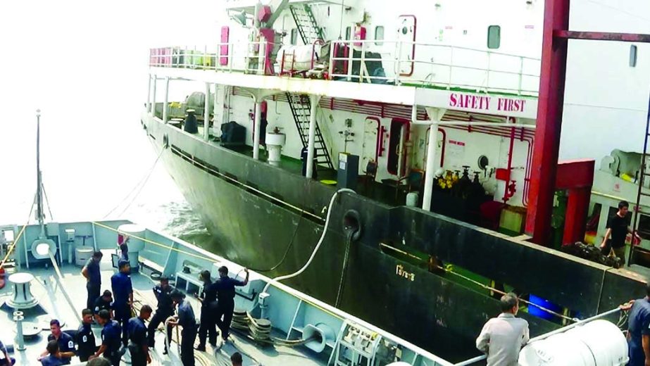 Bangladesh Navy war ship Korotoa rescued 19 Bangladeshis labourers from Panama flag carrier ship MV East Ayutthaya which was stranded near Mongla Port due to rough weather yesterday. Photo : ISPR