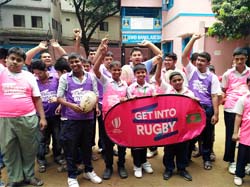 The children with special needs celebrate during the rugby training programme at the premises of SWID Bangladesh in the city's Eskaton on Tuesday.