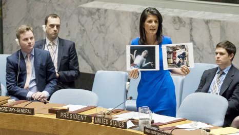 Nikki Haley held up pictures of the Syrian gas attack victims during the Security Council meeting.