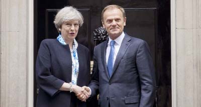 British Prime Minister Theresa May and EU President Donald Tusk meet to discuss Brexit negotiating guidelines.