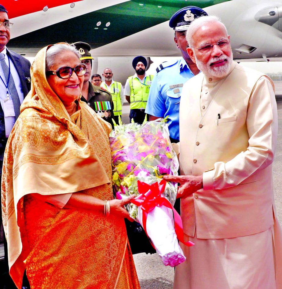 Prime Minister Sheikh Hasina was welcomed by Indian Prime Minister Narendra Modi on her arrival at the Palam Station of Indian Air Force in New Delhi on Friday on a state visit to the neighbouring country.