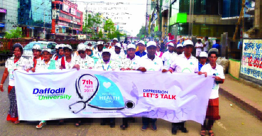 Students and faculty members of the Department of Public Health of Daffodil International University brought out a rally in the city on Friday on the occasion of World Health Day.