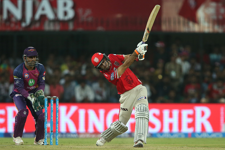 Glenn Maxwell tees off a big hit down the ground during the IPL 2017 match between Kings XI Punjab and Rising Pune Supergiant at Indore on Saturday. Kings XI Punjab won by 6 wickets with 6 balls remaining.