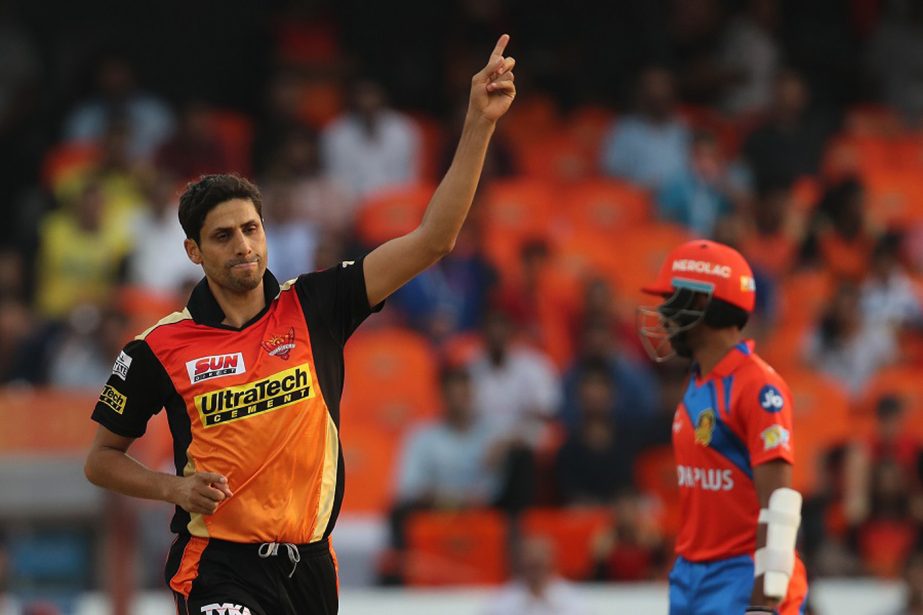 Ashish Nehra of the Sunrisers Hyderabad celebrates the wicket of Dinesh Karthik of the Gujarat Lions during match 6 of the Vivo 2017 Indian Premier League between the Sunrisers Hyderabad and the Gujarat Lions held at the Rajiv Gandhi International Cricket