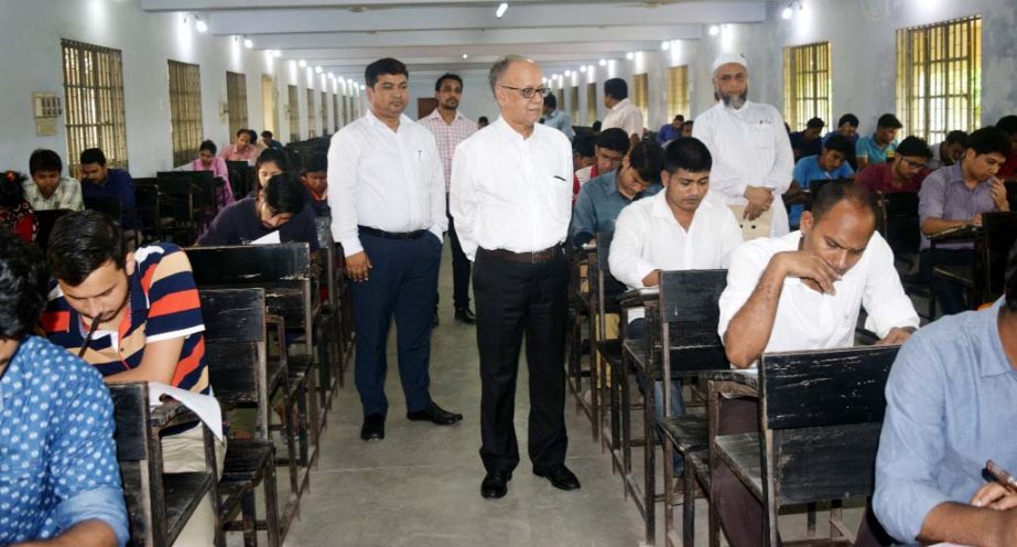 Prof Abdul Mannan, Chairman, UGC, visiting an Exam Hall of the Entrance Test of Masters and PhD programme of South Asian University held under the supervision of UGC at Sher-e-Bangla Agricultural University in the capital on Sunday.