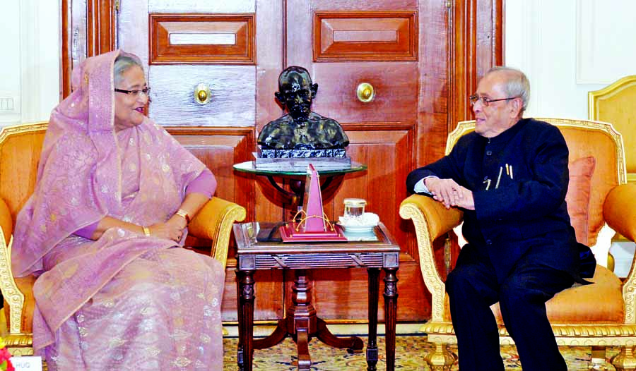 Prime Minister Sheikh Hasina calls on Indian President Pranab Mukherjee at Rashtrapati Bhaban in New Delhi on Sunday. PID photo