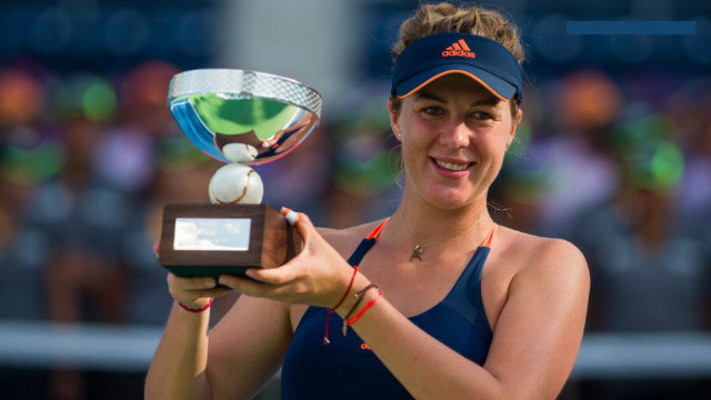 Anastasia Pavlyuchenkova of Russia holds her trophy after beating Angelique Kerber of Germany during their Monterrey Tennis Open final match in Monterrey, Nuevo Leon, Mexico on Sunday.