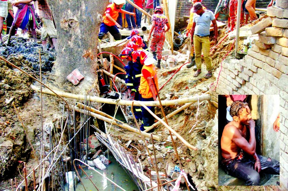 Three workers received serious injuries after a chunk of mud collapsed on them while carrying out digging work at Shantibagh in the city on Monday.