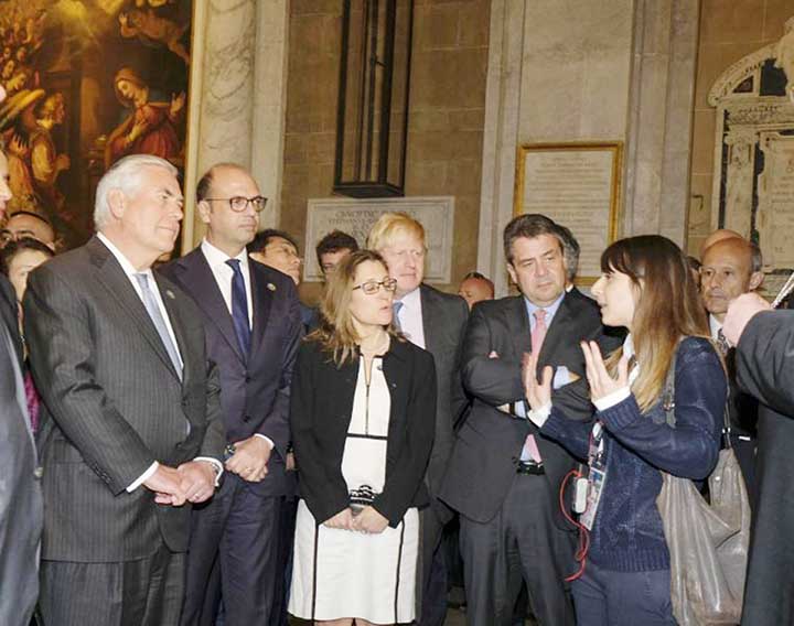 From Left: US Secretary of State Rex Tillerson, Italian Foreign Minister Angelino Alfano, Canadian Foreign Minister Chrystia Freeland and German Foreign Minister, Sigmar Gabriel, visit the Cathedral in Lucca, Italy on Monday.
