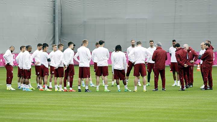 Team Bayern gather for a training session prior to the Champions League quarterfinal first leg soccer match between FC Bayern Munich and Real Madrid, in Munich, Germany on Tuesday. Munich will face Real today (Wednesday).
