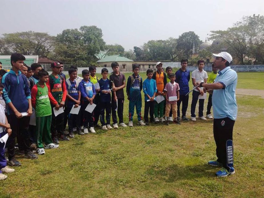 A scene from the grass-root level talent hunt training program held at the BKSP Ground in Savar on Tuesday.