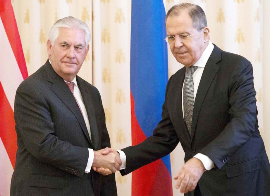 US Secretary of State Rex Tillerson shaking hands with Russian Foreign Minister Sergey Lavrov in Moscow on Wednesday.