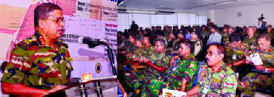 Director General of Medical Services Major General S M Motahar Hossain addressing as Chief Guest at a Scientific Seminar and discussion held at CMH. Dhaka Cantonment on Thursday on the occasion of World Health Day-2017. Photo: ISPR