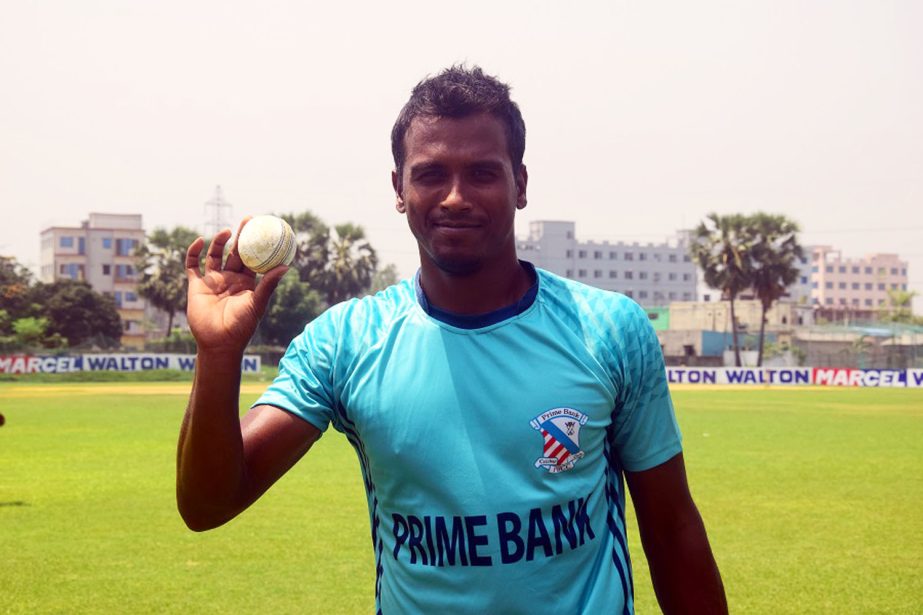 Rubel Hossain poses with the match ball after claiming his third six-wicket haul in List A cricket in Dhaka Premier League Cricket at Savar on Thursday.