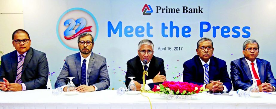 Ahmed Kamal Khan Chowdhury, Managing Director of Prime Bank, addressing at a press conference on the occasion of its 22nd founding anniversary at a city hotel on Sunday. Deputy Managing Directors - Md. Golam Rabbani, Rahel Ahmed, Md. Touhidul Alam Khan