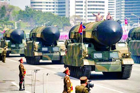 North Korea displayed nearly 60 missiles, including what is suspected to be a new intercontinental ballistic missile, at a parade in the capital. Internet photo