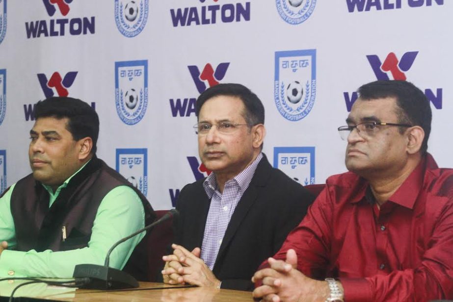BFF senior vice president Abdus Salam Murshedy addressing a press conference at the conference room of Bangladesh Football Federation Bhaban on Monday.