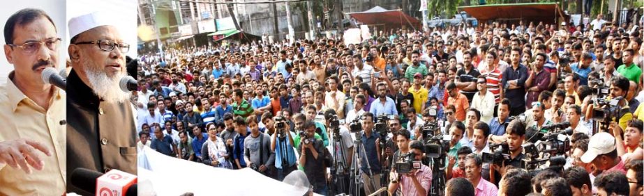 Alhaj A B M Mohiuddin Chowdhury, President, Chittagong City Awami League and CCC Mayor A J M Nasir Uddin speaking at a discussion meeting on the occasion of the historic Mujibnagar Day on Monday.