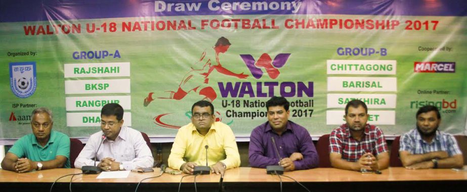 General Secretary of Bangladesh Football Federation (BFF) Md Abu Nayeem Shohag speaking at the draw ceremony of the final round of the Walton Under-18 National Football Championship at the conference room of BFF House on Wednesday.