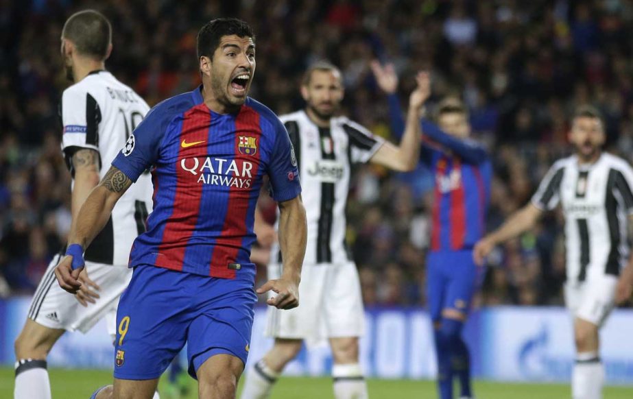 Barcelona's Luis Suarez shouts during the Champions League quarterfinal second leg soccer match between Barcelona and Juventus at Camp Nou stadium in Barcelona, Spain on Wednesday.