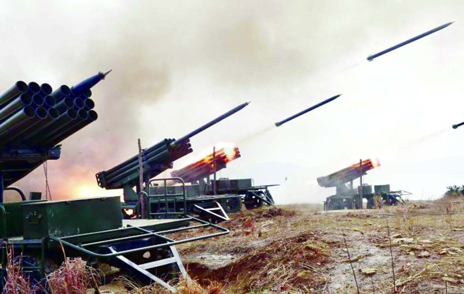 A view of artillery fire and landing exercises.